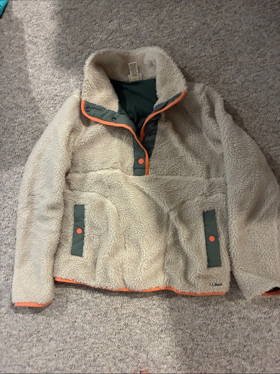 L.L. Bean Sweaters - L.L. Bean Cream Sherpa Pullover Jacket with Green & Orange Trim